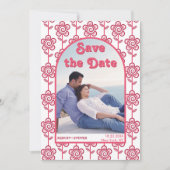 Groovy magenta en roze bloemen 70s geïnspireerde f save the date (Voorkant)