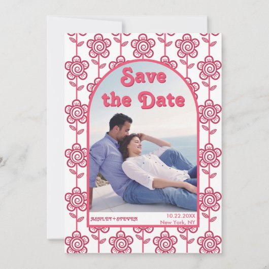 Groovy magenta en roze bloemen 70s geïnspireerde f save the date (Voorkant)