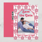 Groovy magenta en roze bloemen 70s geïnspireerde f save the date (Voorkant / Achterkant)