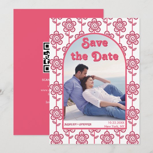 Groovy magenta en roze bloemen 70s geïnspireerde f save the date (Voorkant / Achterkant)