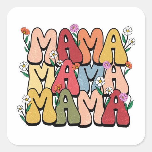 Groovy "Mama" with Wildflowers Vierkante Sticker (Voorkant)