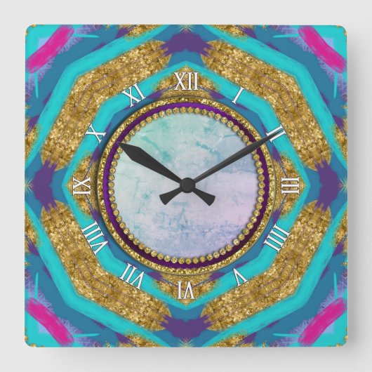 Groovy Mandala Aqua Blue Paarse Wall klok (Voorkant)