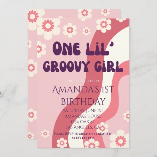 Groovy Meisje 1e Verjaardag Thema Roze Retro Daisy Kaart (Voorkant / Achterkant)