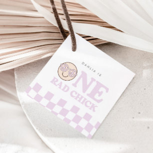 Groovy meisje geruit gelukkig gezicht 1e verjaar bedankjes labels