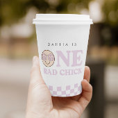 Groovy meisje geruit gelukkig gezicht | 1e verjaar papieren bekers