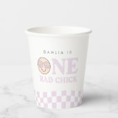 Groovy meisje geruit gelukkig gezicht | 1e verjaar papieren bekers (Voorkant)