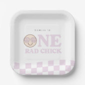 Groovy meisje geruit gelukkig gezicht | 1e verjaar papieren bordje (Voorkant)