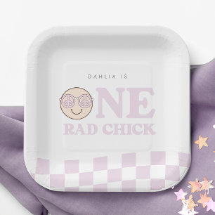 Groovy meisje geruit gelukkig gezicht   1e verjaar papieren bordje