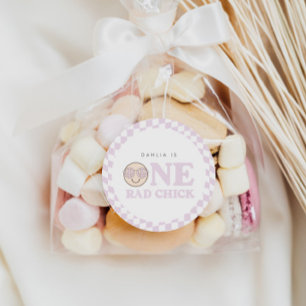 Groovy meisje geruit gelukkig gezicht   1e verjaar ronde sticker