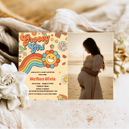 Groovy Meisje Retro Rainbow Baby shower Party Foto Kaart