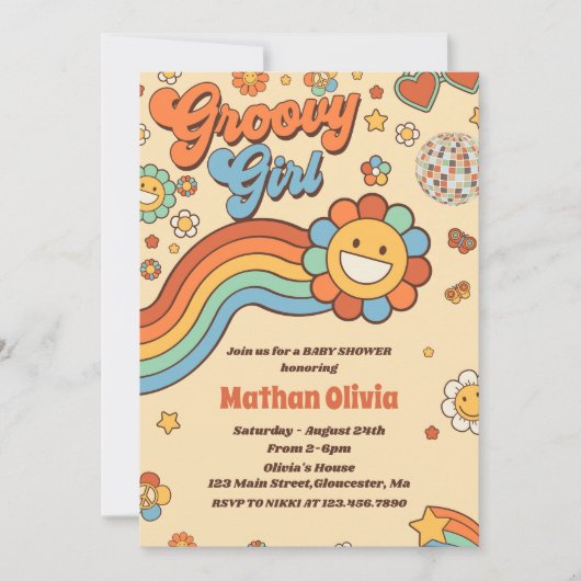 Groovy Meisje Retro Rainbow Baby shower Party Kaart (Voorkant)