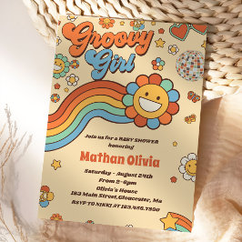 Groovy Meisje Retro Rainbow Baby shower Party Kaart