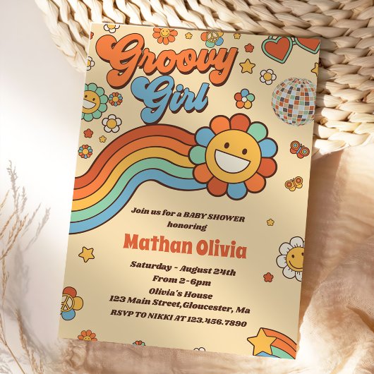 Groovy Meisje Retro Rainbow Baby shower Party Kaart