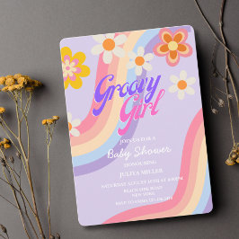 Groovy Meisje Retro Regenboog baby meisje douche Kaart