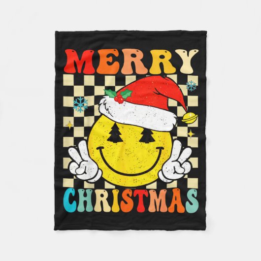 Groovy Merry Christmas Smile Face Santa Hat Xmas T Fleece Deken (Voorkant)