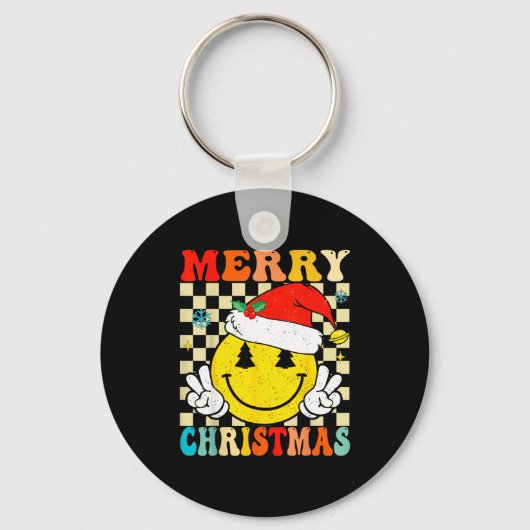 Groovy Merry Christmas Smile Face Santa Hat Xmas T Sleutelhanger (Voorkant)