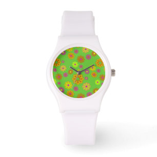Groovy Mod Pop Flowers limoen, geel en oranje Horloge