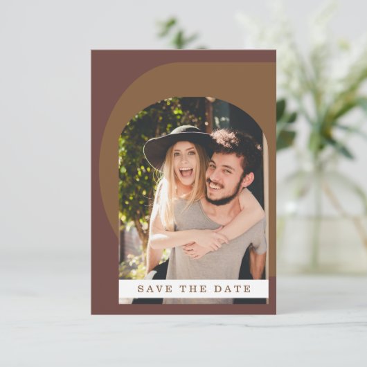 Groovy Modern Geometric Photo Brown Save The Date (Staand voorkant)