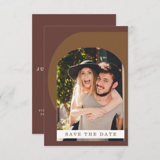 Groovy Modern Geometric Photo Brown Save The Date (Voorkant / Achterkant)