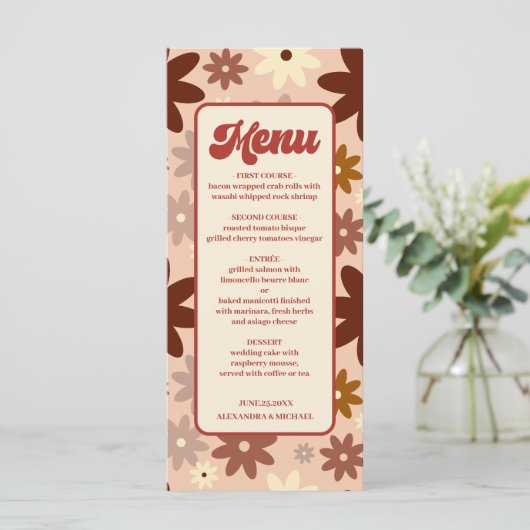 Groovy Modern Groovy Retro 70s Bloemenbruiloft Menu (Staand voorkant)