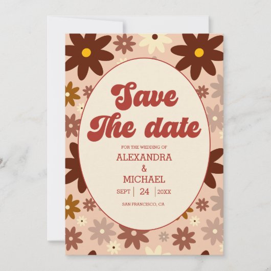 Groovy Modern Groovy Retro 70s Bloemenbruiloft Save The Date (Voorkant)