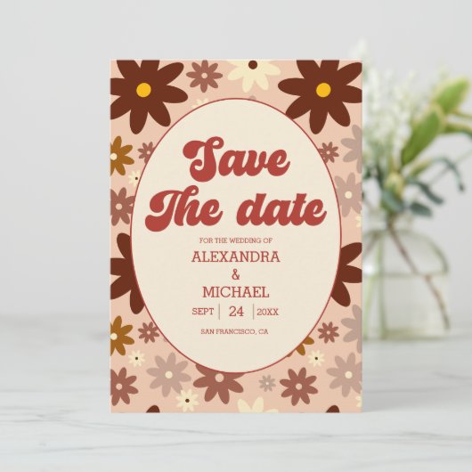 Groovy Modern Groovy Retro 70s Bloemenbruiloft Save The Date (Staand voorkant)