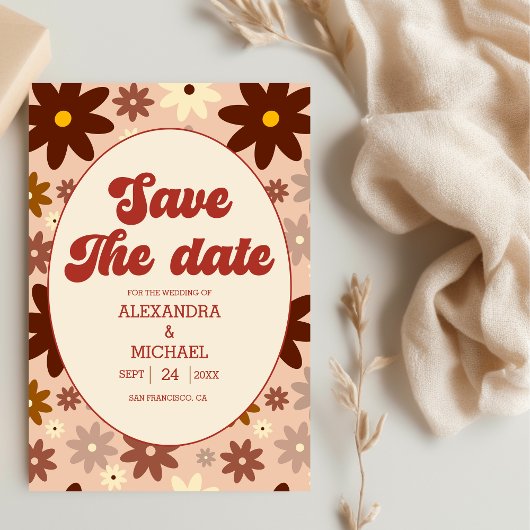 Groovy Modern Groovy Retro 70s Bloemenbruiloft Save The Date