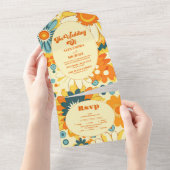 Groovy modern madeliefje bloemengeel & sinaasappel all in one uitnodiging (Afscheurbaar)