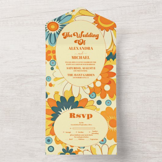 Groovy modern madeliefje bloemengeel & sinaasappel all in one uitnodiging (Binnen)