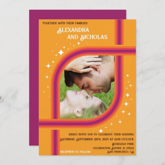 Groovy, modern retro bruiloft uitnodiging ontwerp (Voorkant / Achterkant)