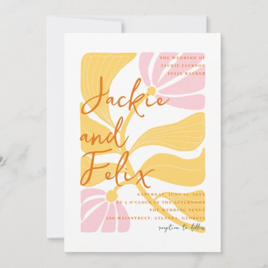 Groovy moderne maisy floral yellow & roze bruiloft kaart (Voorkant)