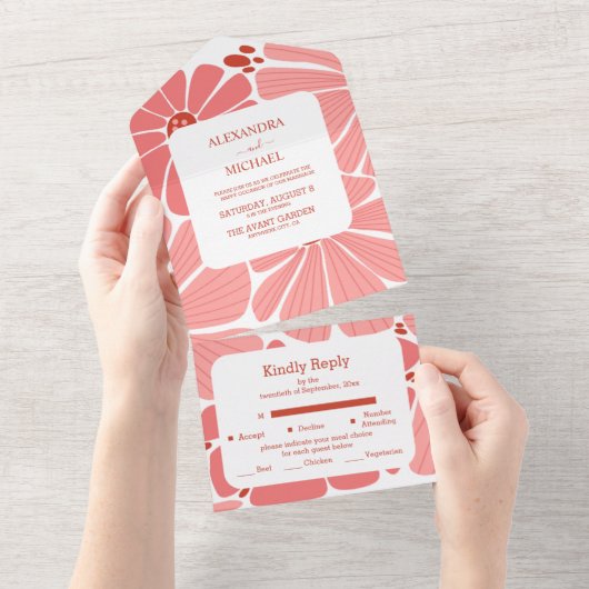 Groovy moderne roze madeliefje bruiloft all in one uitnodiging (Afscheurbaar)