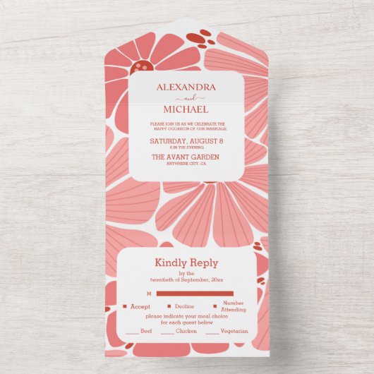 Groovy moderne roze madeliefje bruiloft all in one uitnodiging (Binnen)