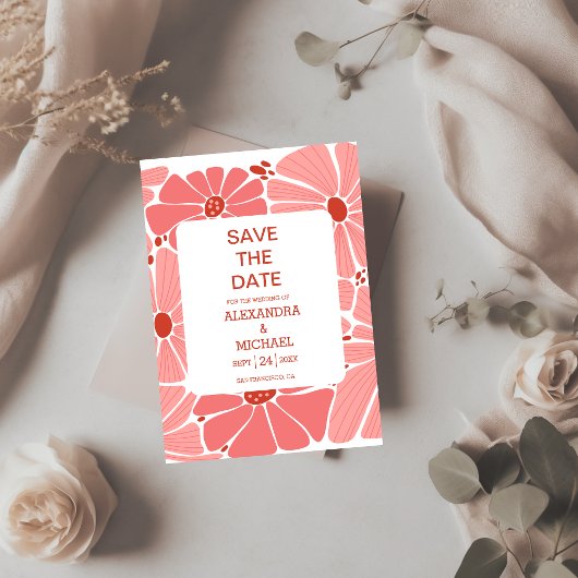 Groovy moderne roze madeliefje bruiloft save the date