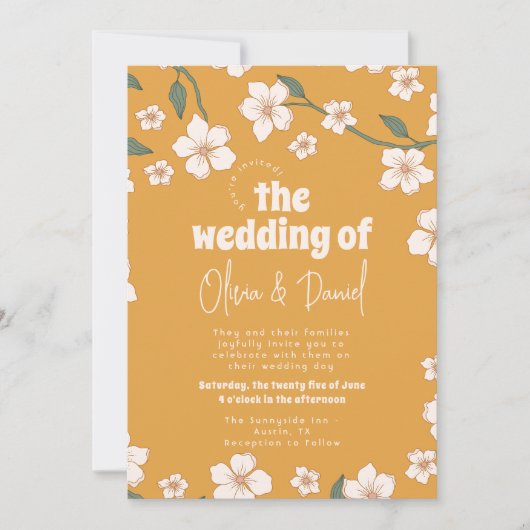 Groovy Mosterd Floral Wedding Kaart (Voorkant)