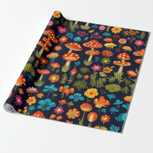 Groovy Mushroom & Flower Pattern Cadeaupapier (Uitgerold)