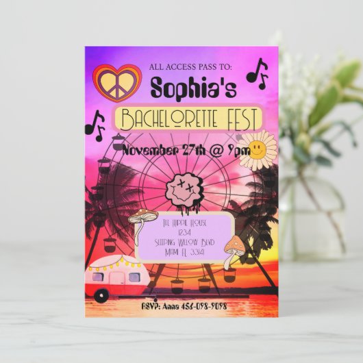 Groovy Music Festival vrijgezellenfeest uitnodigin Kaart (Staand voorkant)