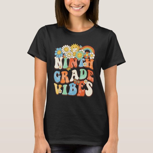 Groovy negende klas vibes retro docent eerste dag t-shirt (Voorkant)