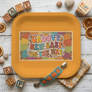 Groovy Nieuwe Baby op Komst Retro Zonneschijn Papieren Bordje