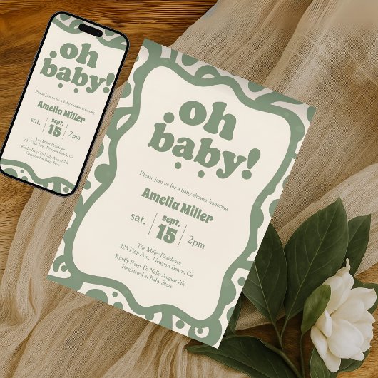 Groovy Oh Baby Shower | Retro 70s Sage Green Kaart