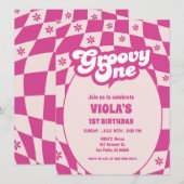 Groovy One 1e verjaardag Pink Daisy Verjaardag Kaart (Voorkant / Achterkant)