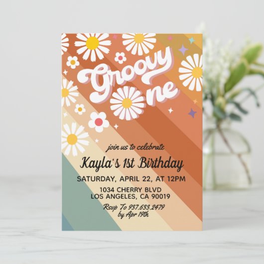 Groovy One 1e verjaardag uitnodiging (Staand voorkant)