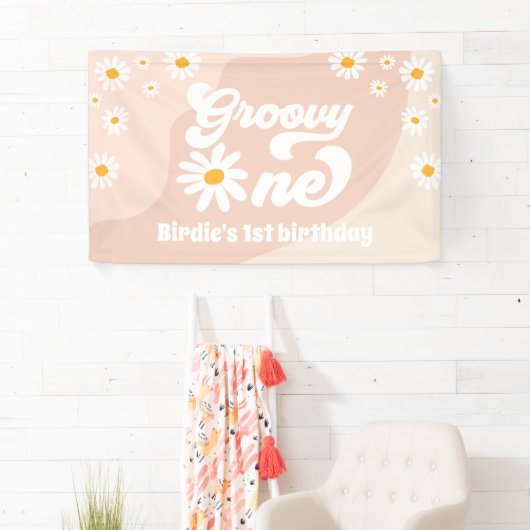 Groovy One 1st Birthday Party Retro Daisy Welkom Spandoek (Insitu)