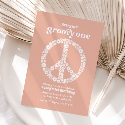 Groovy One 70s Pink Daisy 1st Birthday Party Kaart