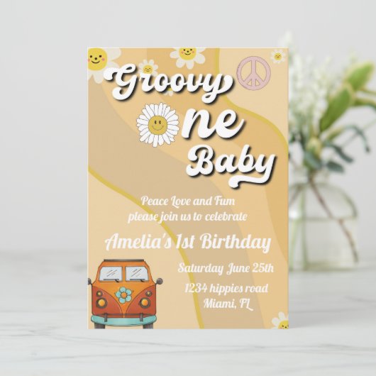 Groovy One Baby Birthday-uitnodiging, eerste verja Kaart (Staand voorkant)