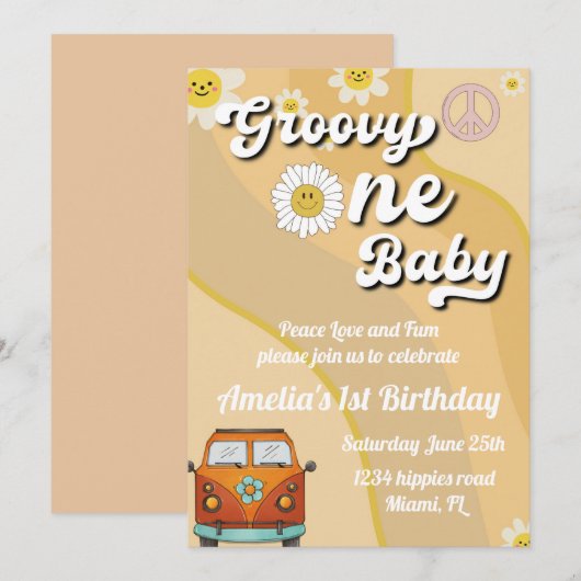 Groovy One Baby Birthday-uitnodiging, eerste verja Kaart (Voorkant / Achterkant)