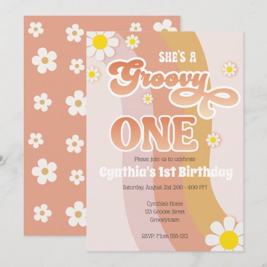 Groovy One Birthday Invitation Kaart (Voorkant / Achterkant)