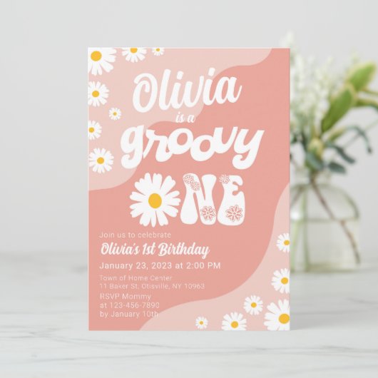Groovy One Birthday Invitation Retro Daisy Floral Kaart (Staand voorkant)