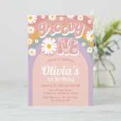 Groovy One Birthday Invitation Retro Rainbow Daisy Kaart (Staand voorkant)