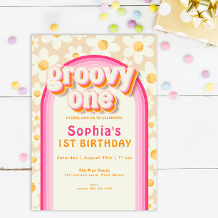 Groovy One Boho Daisy Rainbow 1e verjaardag Uitnod Kaart